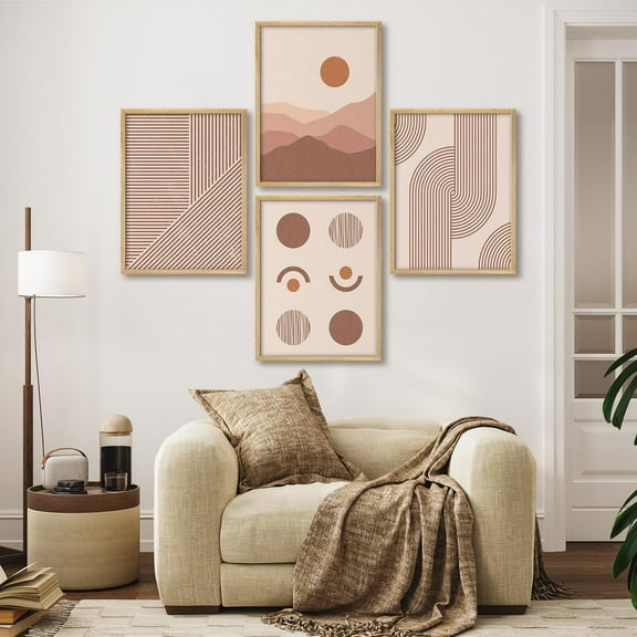 PixonSign Framed Wall Art Abstract Red and Pink Modern Geometric Posters, Set of 4 Minimalist Boho Landscape Illustrations Wall Decor, Adhesive Canvas Prints for Home Decor - 8"x10" Natural