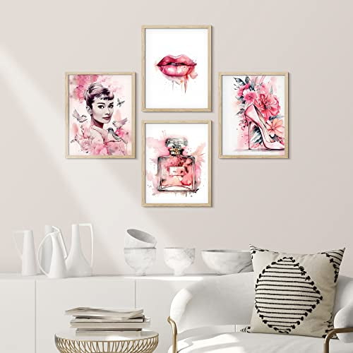 PixonSign Framed Wall Art Actress Lipstick French Perfume Bottle High Heel Posters, Set of 4 Pink Preppy Room Digital Art Minimalism Colorful Canvas Prints for Home Decor - 11"x14" Natural