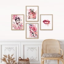 PixonSign Framed Wall Art Actress Lipstick French Perfume Bottle High Heel Posters, Set of 4 Pink Preppy Room Digital Art Minimalism Colorful Canvas Prints for Home Decor - 8"x10" Natural