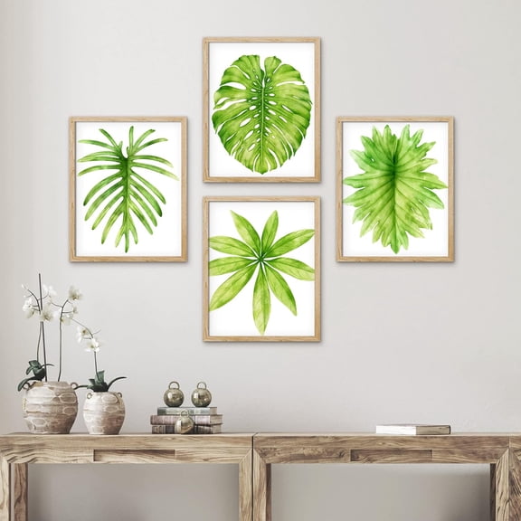 PixonSign Framed Wall Art Adhesive Canvas Poster Set of 4 Vibrant Green Tropical Plant Leaf Prints Nature Wilderness Leaves Digital Modern Art Decorative Classic Home Decor - 11"x14" Natural