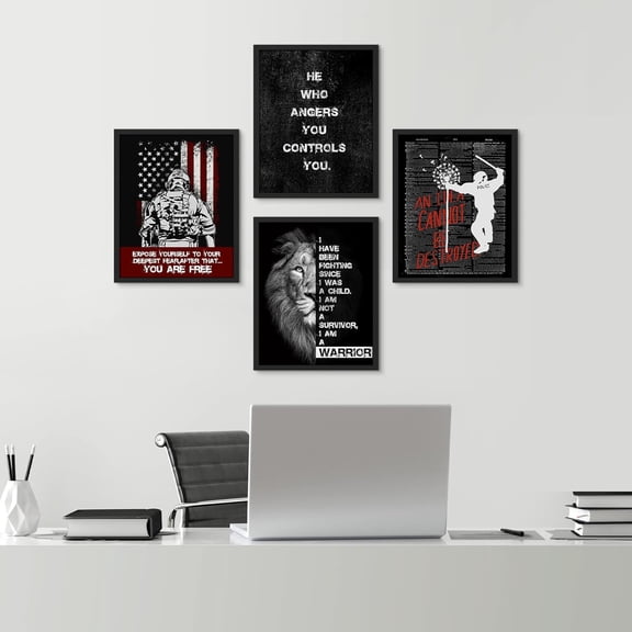 PixonSign Framed Wall Art, American Flag Lion Inspirational Print, Adhesive Canvas Posters, Set of 4 Boy's Bedroom Illustration Wall Decor Prints, Contemporary Wall Décor - 8"x10" Black