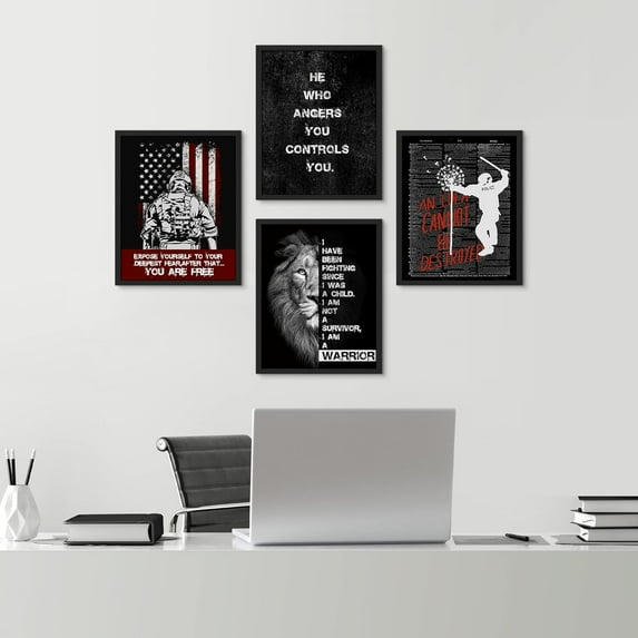 PixonSign Framed Wall Art, American Flag Lion Inspirational Print, Adhesive Canvas Posters, Set of 4 Boy's Bedroom Illustration Wall Decor Prints, Contemporary Wall Décor - 8"x10" Black