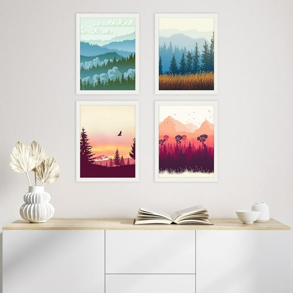 PixonSign Framed Wall Art Autumn Summer Forest Mountain Landscape Prints, Set of 4 Abstract Geometric Wall Decor Arts, Plant Wall Décor, Adhesive Canvas Poster, Modern Home Artwork - 11"x14" White
