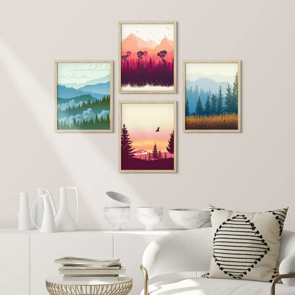 PixonSign Framed Wall Art Autumn Summer Forest Mountain Landscape Prints, Set of 4 Abstract Geometric Wall Decor Arts, Plant Wall Décor, Adhesive Canvas Poster, Modern Home Artwork - 11"x14" Natural