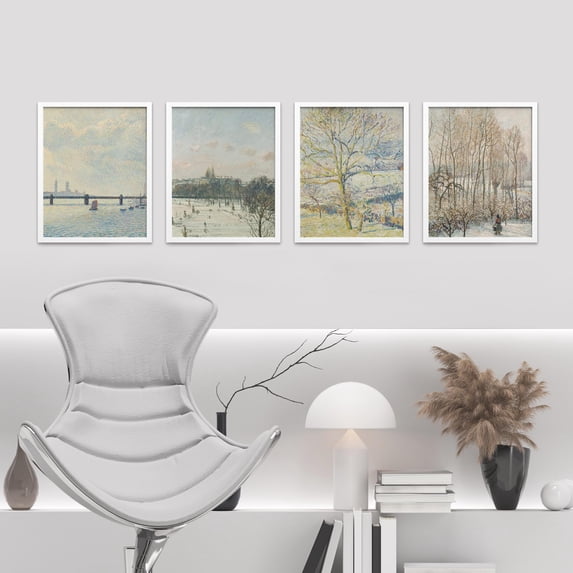 PixonSign Framed Wall Art Autumn Winter Countryside Lake Forest Posters, Set of 4 Multicolor Pastel Cityscape Canvas Prints, Classic Vintage Wall Décor for Home Decor - 8"x10" White