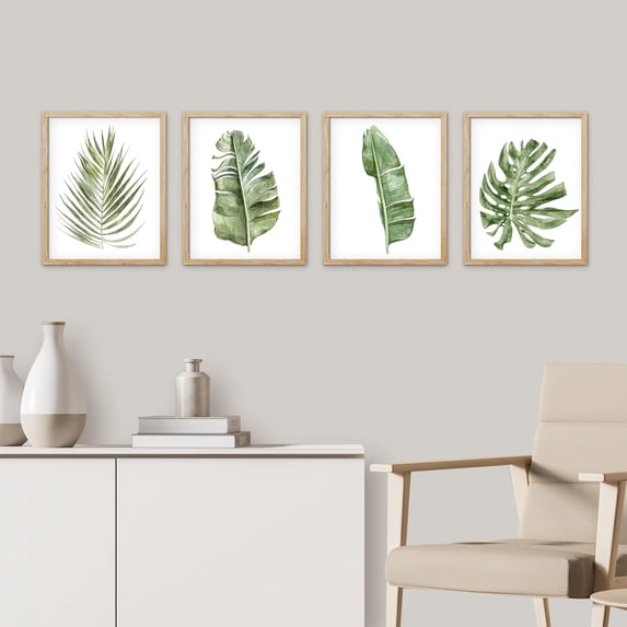 PixonSign Framed Wall Art, Banana Palm Monstera Leaf Posters, Set of 4 Green Pastel Wall Decor Prints, Nature Wilderness Plant Wall Décor Artwork for Living Room, Bedroom, Office - 8"x10" Natural