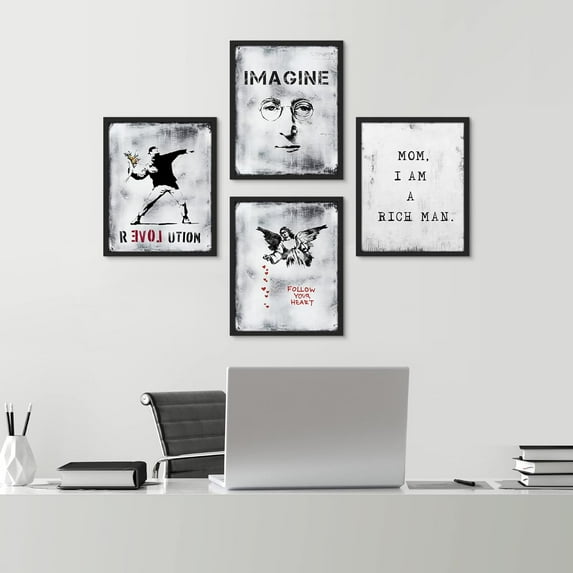 PixonSign Framed Wall Art, Banksy Style Grunge Typography Posters, Set of 4 Boy's Bedroom Illustration Wall Decor Prints, Multicolor Contemporary Wall Décor for Bedroom, Office - 8"x10" Black