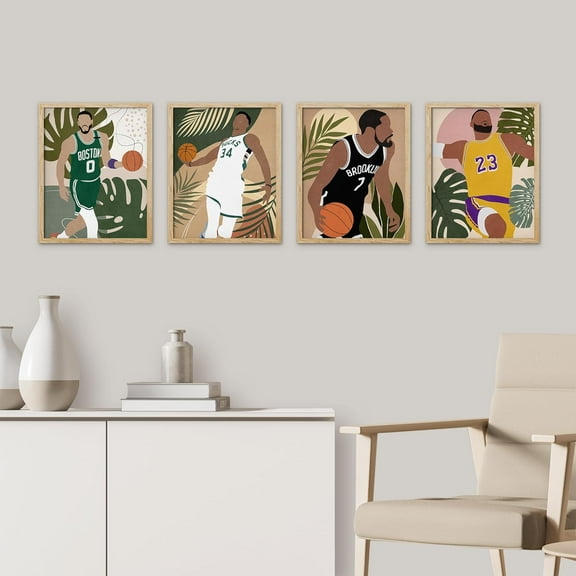 PixonSign Framed Wall Art, Basketball Player Jungle Leaves Posters, Set of 4 Male Portrait Wall Decor Prints, Nature Boy's Bedroom Wall Prints, Fine Wall Décor Modern Artwork - 8"x10" Natural