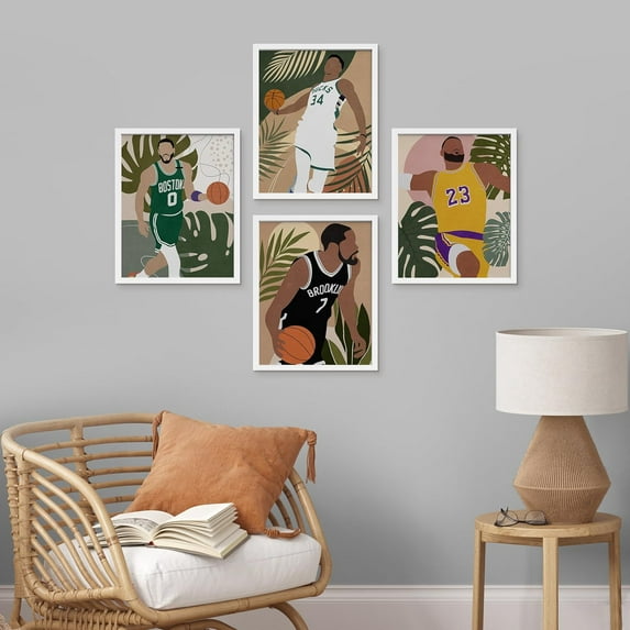 PixonSign Framed Wall Art, Basketball Player Jungle Leaves Posters, Set of 4 Male Portrait Wall Decor Prints, Nature Boy's Bedroom Wall Prints, Fine Wall Décor Modern Artwork - 8"x10" White