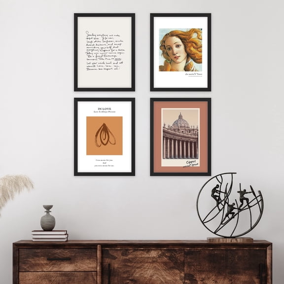 PixonSign Framed Wall Art Birth of Venus Typography Variety Abstract Posters, Set of 4 Famous Printing Illustrations Wall Decor, Vintage Chic Adhesive Canvas Prints - 12"x16" Black