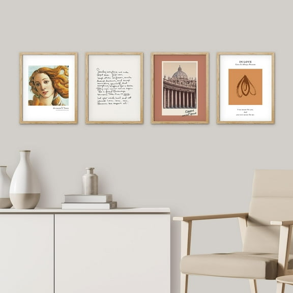 PixonSign Framed Wall Art Birth of Venus Typography Variety Abstract Posters, Set of 4 Famous Printing Illustrations Wall Decor, Vintage Chic Adhesive Canvas Prints - 8"x10" Natural