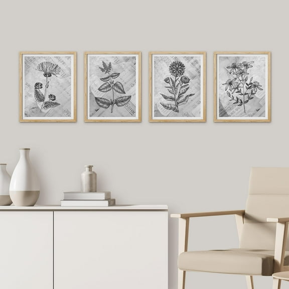 PixonSign Framed Wall Art Black Botanical Flower Abstract Prints, Set of 4 Nature Wildernes Paintings, Farmhouse Rustic Wall Décor, Adhesive Canvas Poster for Home Decor - 11"x14" Natural