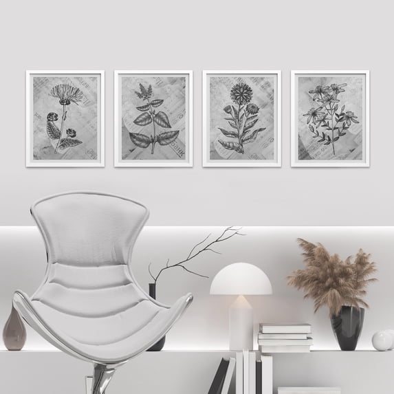PixonSign Framed Wall Art Black Botanical Flower Abstract Prints, Set of 4 Nature Wildernes Paintings, Farmhouse Rustic Wall Décor, Adhesive Canvas Poster for Home Decor - 12"x16" White