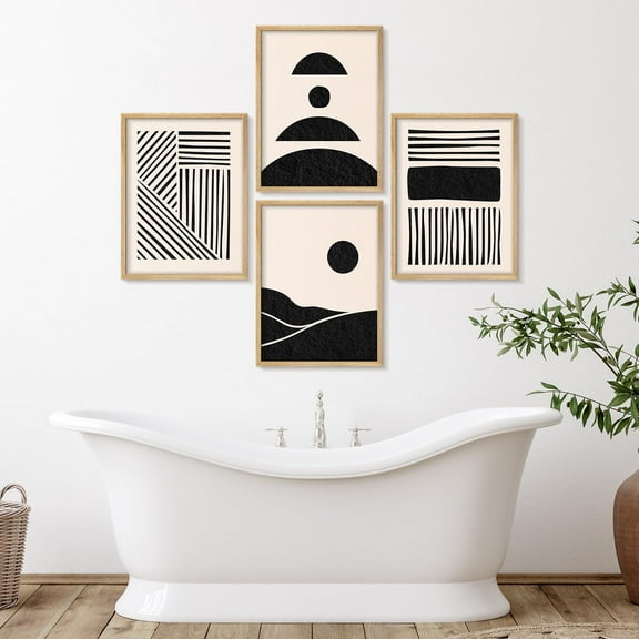 PixonSign Framed Wall Art Black and White Abstract Geometric Posters, Set of 4 Minimalist Line and Pattern Illustrations Wall Decor, Adhesive Canvas Prints for Home Decor - 8"x10" Natural