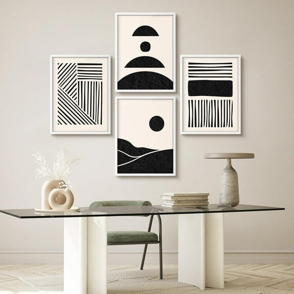 PixonSign Framed Wall Art Black and White Abstract Geometric Posters, Set of 4 Minimalist Line and Pattern Illustrations Wall Decor, Adhesive Canvas Prints for Home Decor - 12"x16" White