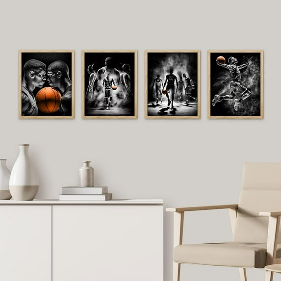 PixonSign Framed Wall Art, Black & White Basketball Star Posters, Set of 4 Boy's Bedroom Illustration Wall Decor, Adhesive Canvas Prints, Multicolor Contemporary Wall Décor - 8"x10" Natural