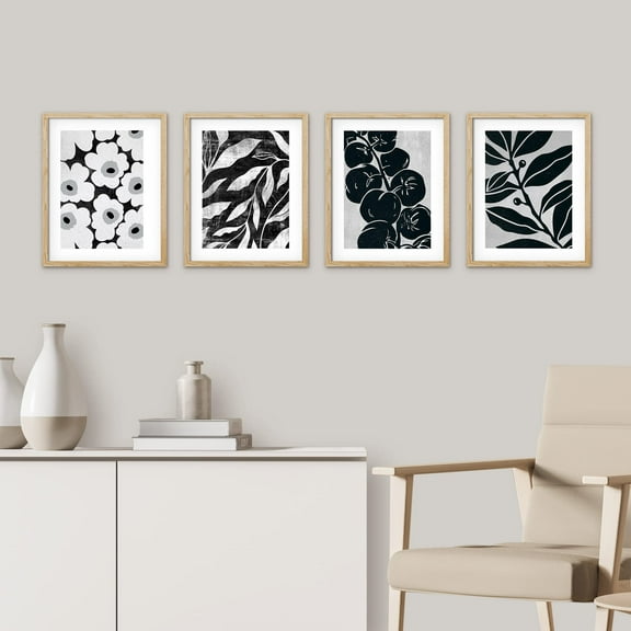 PixonSign Framed Wall Art Black & White Daisy Flower Plant Leaf Fruit Posters, Set of 4 Floral Botanical Canvas Prints, Nature Wilderness Wall Décor for Home Decor - 11"x14" Natural