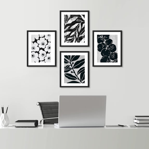 PixonSign Framed Wall Art Black & White Daisy Flower Plant Leaf Fruit Posters, Set of 4 Floral Botanical Canvas Prints, Nature Wilderness Wall Décor for Home Decor - 8"x10" Black