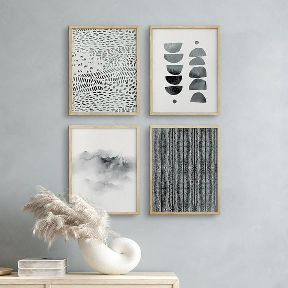 PixonSign Framed Wall Art Black & White Duotone Polygon, Set of 4 Abstract Shapes Wall Decor Arts, Geometric Landscapes Wall Décor, Adhesive Canvas Poster, Modern Home Artwork - 11"x14" Natural