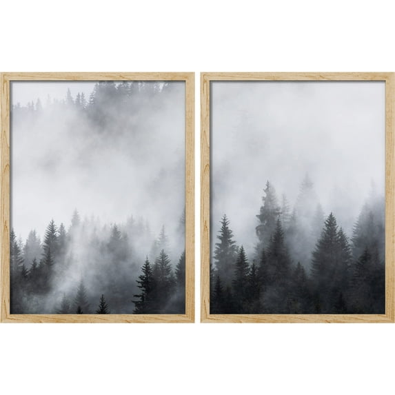PixonSign Framed Wall Art Black & White Forest Pine Trees Posters, Set of 2 Nature Wilderness Misty Fog Landscape Illustrations Wall Decor, Adhesive Canvas Prints for Home Decor - 8"x10" Natural