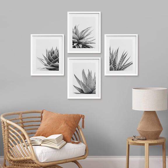 PixonSign Framed Wall Art, Black White Snake Plant Agave Cactus Succulent Posters, Set of 4 Floral Botanical Wall Decor Modern Bedroom Prints, Nature Wilderness Wall Décor for Home - 11"x14" White