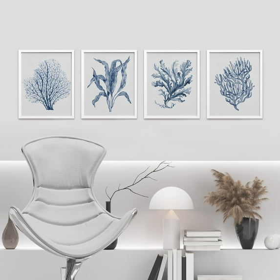 PixonSign Framed Wall Art Blue Marine Plants, Set of 4 Sea Botanical Leaves Wall Decor Arts, Watercolor Minimalism Wall Décor, Adhesive Canvas Poster, Modern Home Artwork - 8"x10" White