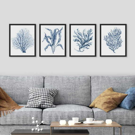 PixonSign Framed Wall Art Blue Marine Plants, Set of 4 Sea Botanical Leaves Wall Decor Arts, Watercolor Minimalism Wall Décor, Adhesive Canvas Poster, Modern Home Artwork - 12"x16" Black