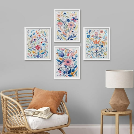 PixonSign Framed Wall Art, Blue and Pink Wildflower Botanical Posters, Set of 4 Forest Floral Wall Decor Prints, Nature Wilderness Wall Décor for Living Room, Bedroom, Office - 8"x10" White