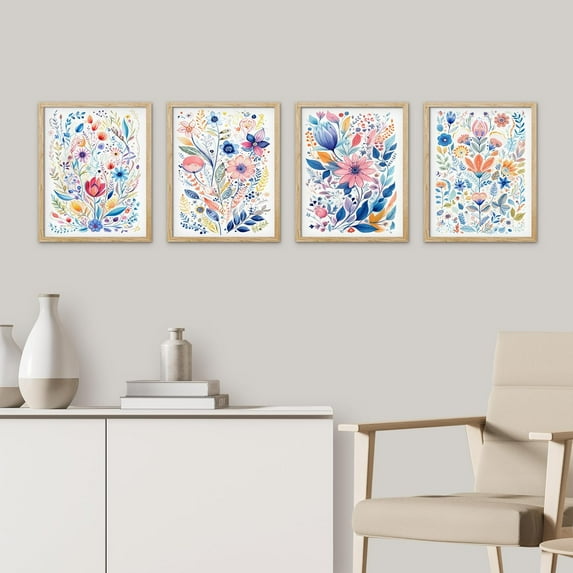 PixonSign Framed Wall Art, Blue and Pink Wildflower Botanical Posters, Set of 4 Forest Floral Wall Decor Prints, Nature Wilderness Wall Décor for Living Room, Bedroom, Office - 12"x16" Natural