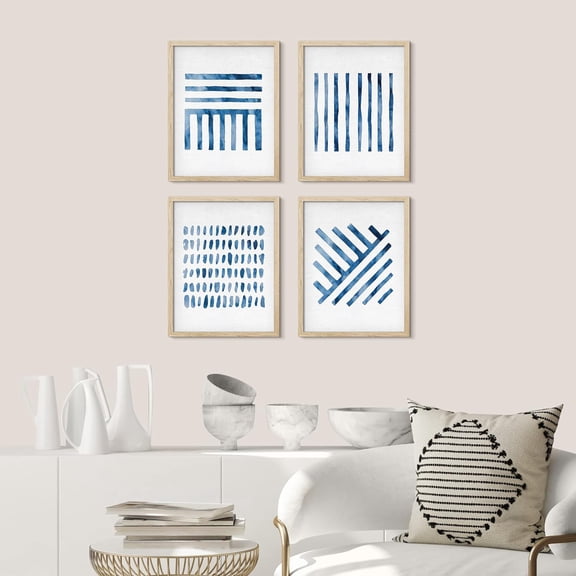 PixonSign Framed Wall Art Blue Watercolor Paint Stroke Patterns Prints, Set of 4 Abstract Wall Decor Arts, Geometric Wall Décor, Adhesive Canvas Poster, Modern Home Artwork - 8"x10" Natural