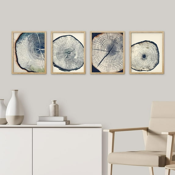 PixonSign Framed Wall Art, Blue & White Overexposed Wood Tree Ring Artwork, Set of 4 Nature Wildernes Plant Wall Decor Prints, Minimalism Modern Wall Décor for Living Room, Bedroom - 11"x14" Natural