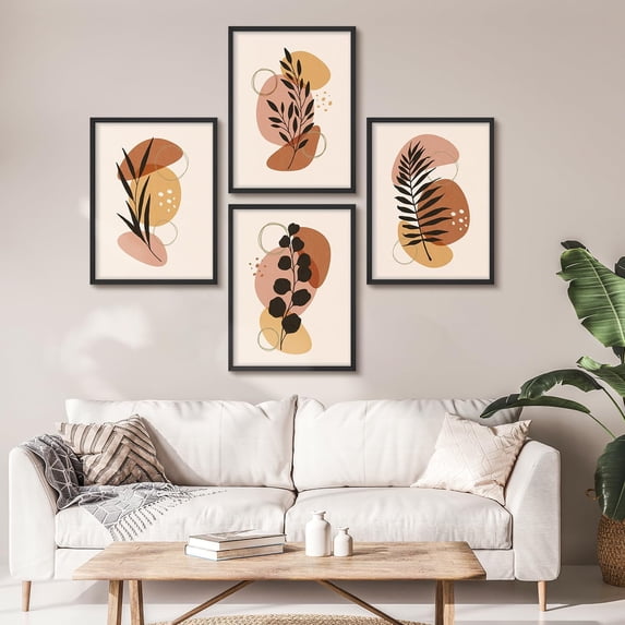 PixonSign Framed Wall Art Botanical and Abstract Shape Posters, Set of 4 Multicolor Modern Geometric Boho Illustrations Wall Decor, Adhesive Canvas Prints for Home Decor - 11"x14" Black