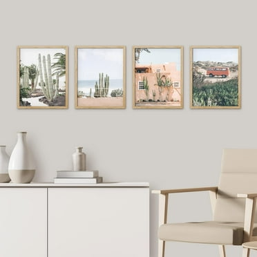 PixonSign Framed Wall Art, Cactus Desert Posters, Set of 4 Cactus Desert Wall Decor Prints, Nature Wilderness Adhesive Canvas Wall Décor, Modern Artwork for Living Room, Bedroom - 8"x10" Natural