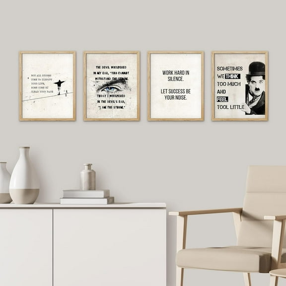 PixonSign Framed Wall Art, Charlie Chaplin Black & White Prints, Set of 4 Illustration Wall Decor, Contemporary Wall Décor, Modern Adhesive Canvas Posters for Bedroom, Office - 8"x10" Natural