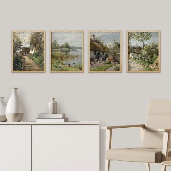 PixonSign Framed Wall Art Charming European Cottage Scenes Prints, Set of 4 Rustic Village Landscape Paintings, Minimalism Wall Décor, Adhesive Canvas Poster for Home Decor - 12"x16" Natural