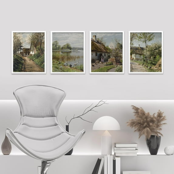 PixonSign Framed Wall Art Charming European Cottage Scenes Prints, Set of 4 Rustic Village Landscape Paintings, Minimalism Wall Décor, Adhesive Canvas Poster for Home Decor - 12"x16" White