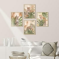 PixonSign Framed Wall Art Cheetah Cat Animal Safari Posters, Set of 4 Tropical Island Rainforest Monstera Leaf Palm Tree Leaf Illustrations, Adhesive Canvas Prints for Home Decor - 11"x14" Natural