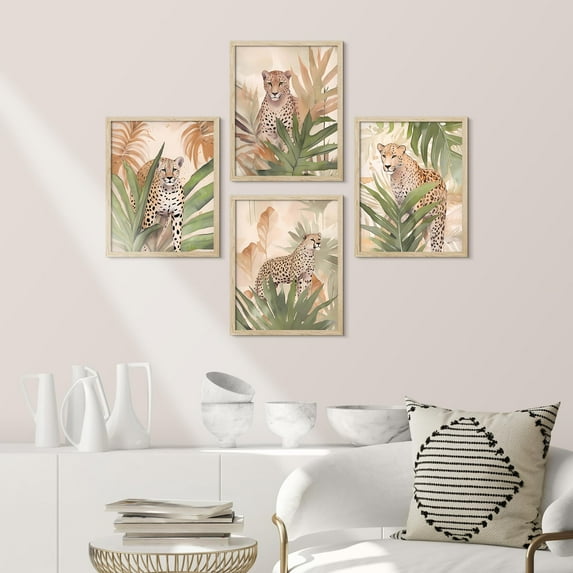 PixonSign Framed Wall Art Cheetah Cat Animal Safari Posters, Set of 4 Tropical Island Rainforest Monstera Leaf Palm Tree Leaf Illustrations, Adhesive Canvas Prints for Home Decor - 11"x14" Natural