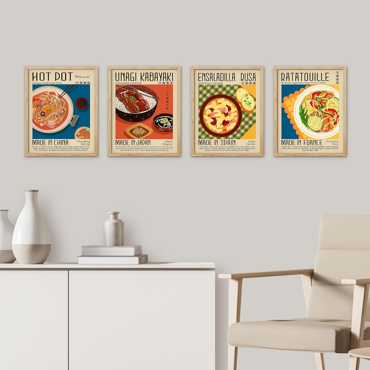 pixonsign framed wall art chinese & japanese food posters, set of 4 world cuisines wall decor prints, mid century wall décor, modern fine artwork for