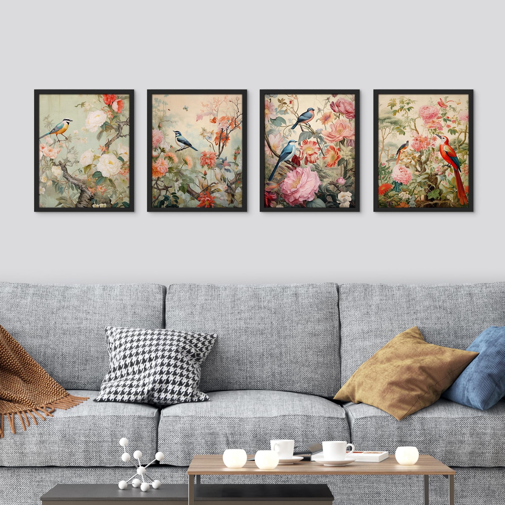 PixonSign Framed Wall Art Chinoiserie Bird and Flower  display picture 1