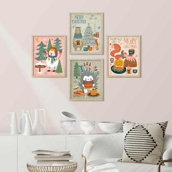 PixonSign Framed Wall Art Christmas Decor Seasonal Posters, Set of 4 Snowman Tree Squirrel Celebrations & Holidays Illustrations Wall Decor, Adhesive Canvas Prints for Home Decor - 11"x14" Natural