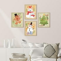 PixonSign Framed Wall Art Christmas Holidays Seasonal Posters, Set of 4 Cute Snowman, Christmas Tree, Polar Bear Illustrations Wall Decor, Adhesive Canvas Prints for Home Decor - 11"x14" Natural