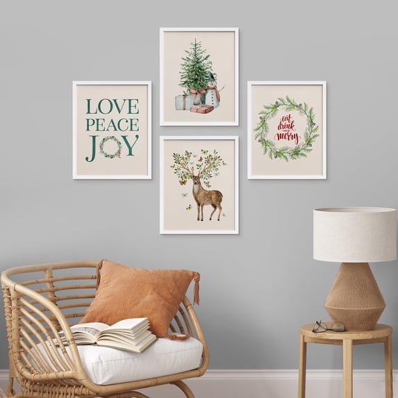 PixonSign Framed Wall Art Christmas Tree Wreath, Deer, Snowman Illustrations, Set of 4 Celebrations & Holidays Seasonal Wall Decor, Adhesive Canvas Poster, Modern Home Artwork - 11"x14" White