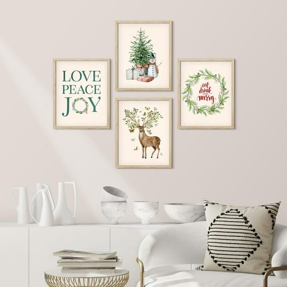 PixonSign Framed Wall Art Christmas Tree Wreath, Deer, Snowman Illustrations, Set of 4 Celebrations & Holidays Seasonal Wall Decor, Adhesive Canvas Poster, Modern Home Artwork - 11"x14" Natural