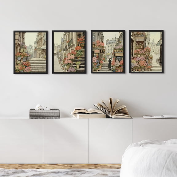 PixonSign Framed Wall Art City Street With Flowers Landscape Posters, Set of 4 Vintage Buildings Rustic Retro Art, Multicolor Scenic Minimalism Canvas Prints for Home Decor - 12"x16" Black