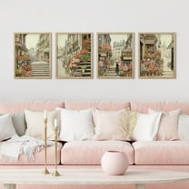 PixonSign Framed Wall Art City Street With Flowers Landscape Posters, Set of 4 Vintage Buildings Rustic Retro Art, Multicolor Scenic Minimalism Canvas Prints for Home Decor - 11"x14" Natural