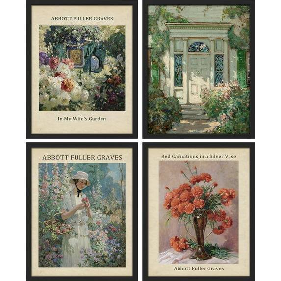 PixonSign Framed Wall Art Classic Retro Flower Plant Bouquet Posters, Set of 4 Floral Botanical Renaissance Canvas Prints, Nature Wilderness Wall Décor for Home Decor - 8"x10" Black