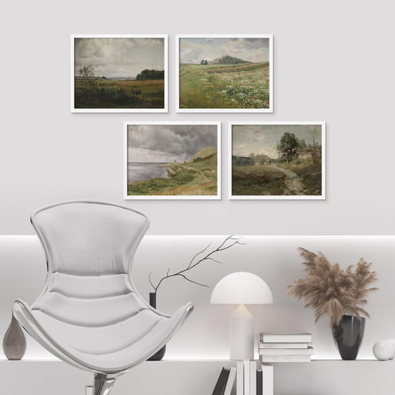 PixonSign Framed Wall Art Classic Rural Countryside Flower Landscapes Prints, Set of 4 Nature Wilderness Paintings, Minimalism Wall Décor, Adhesive Canvas Poster for Home Decor - 12"x16" White