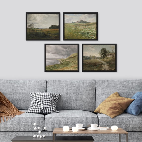 PixonSign Framed Wall Art Classic Rural Countryside Flower Landscapes Prints, Set of 4 Nature Wilderness Paintings, Minimalism Wall Décor, Adhesive Canvas Poster for Home Decor - 8"x10" Black