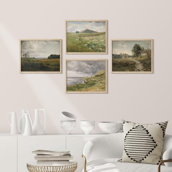 PixonSign Framed Wall Art Classic Rural Countryside Flower Landscapes Prints, Set of 4 Nature Wilderness Paintings, Minimalism Wall Décor, Adhesive Canvas Poster for Home Decor - 11"x14" Natural